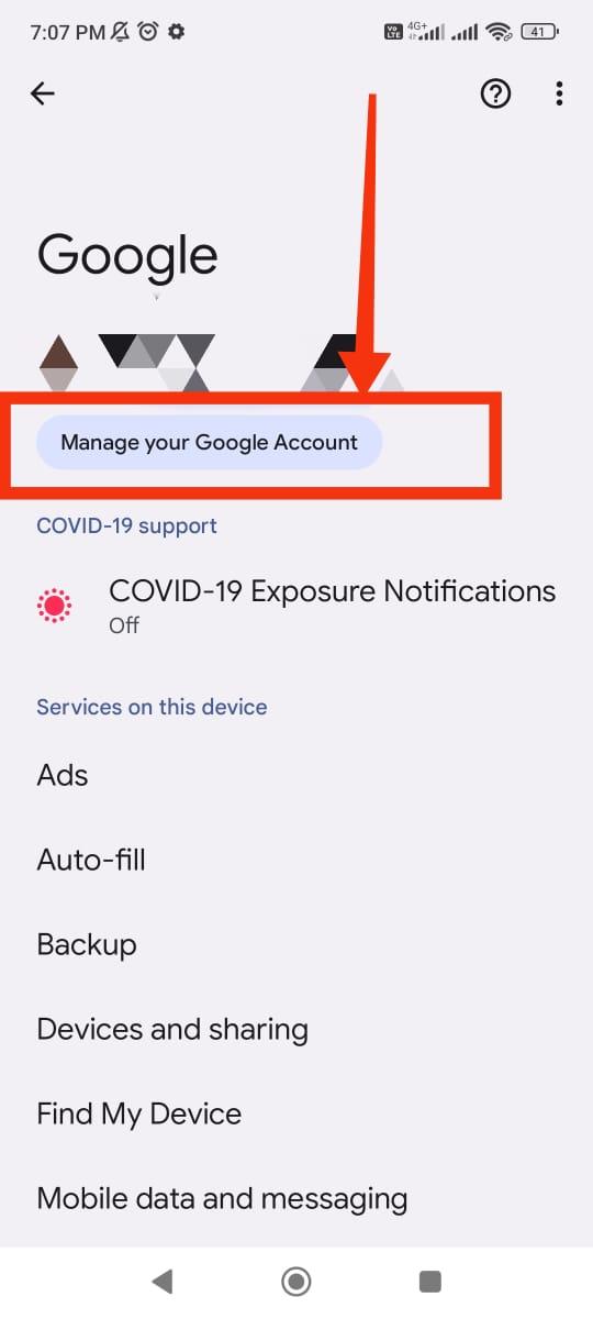 Arrow pointing towards Manage account in the Google menu from Settings