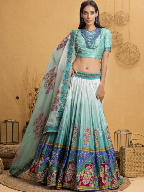 Aqua Blue Silk Printed Lehenga Set