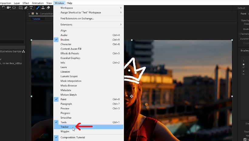 Track person's head with crown. Select 'BG' layer -> Window -> Tracker