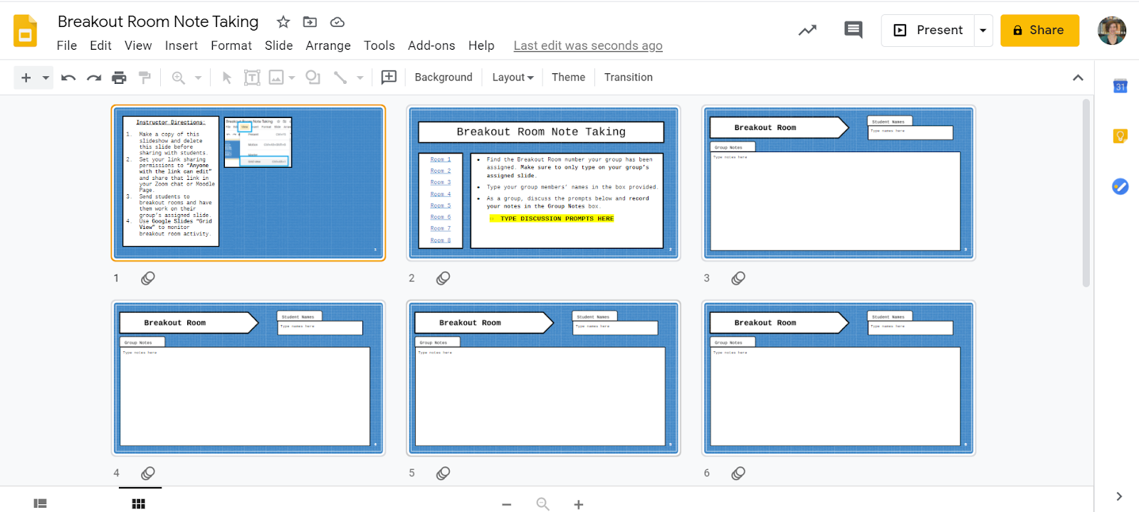 Screen shot of Grid View in Google Slides