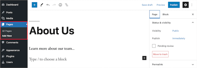 Tela do editor de página do WordPress