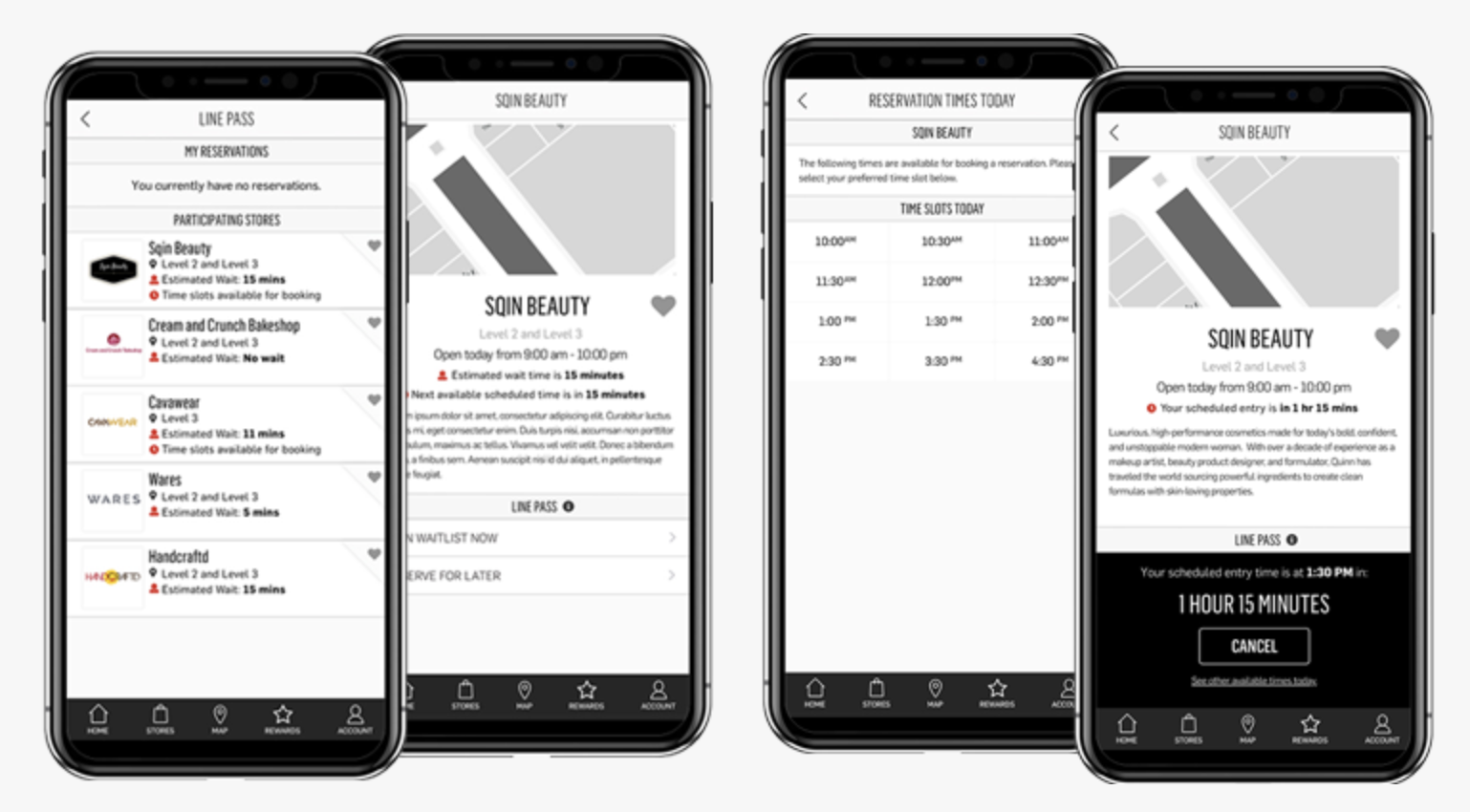 Linepass app with added functionalities on top on Waitwhile API screenshots shown on mobile phone screens