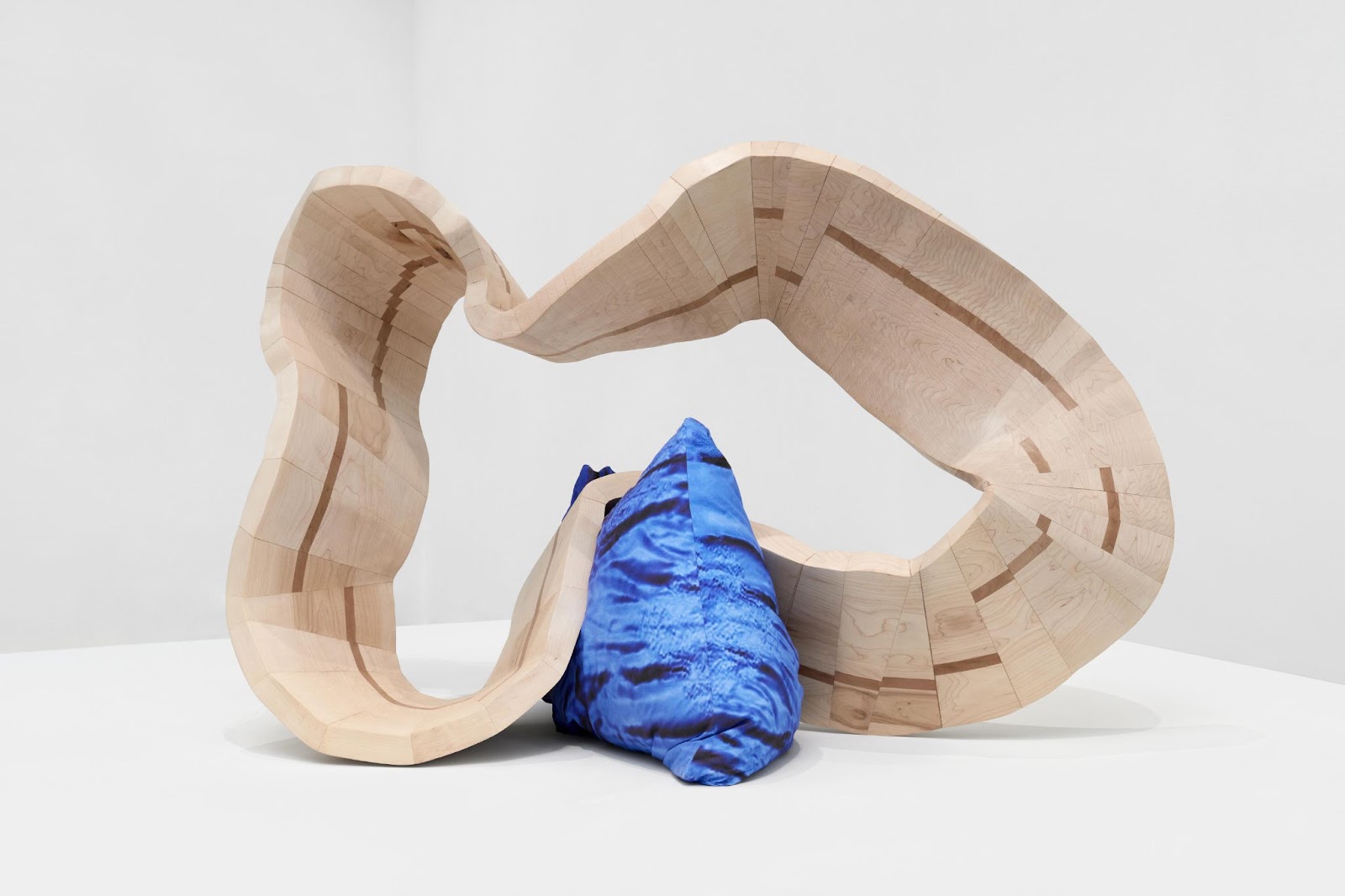 Wooden, irregularly shaped mobius strips made out of small sectors of wood; the sculpture lies on top of a blue pillow.