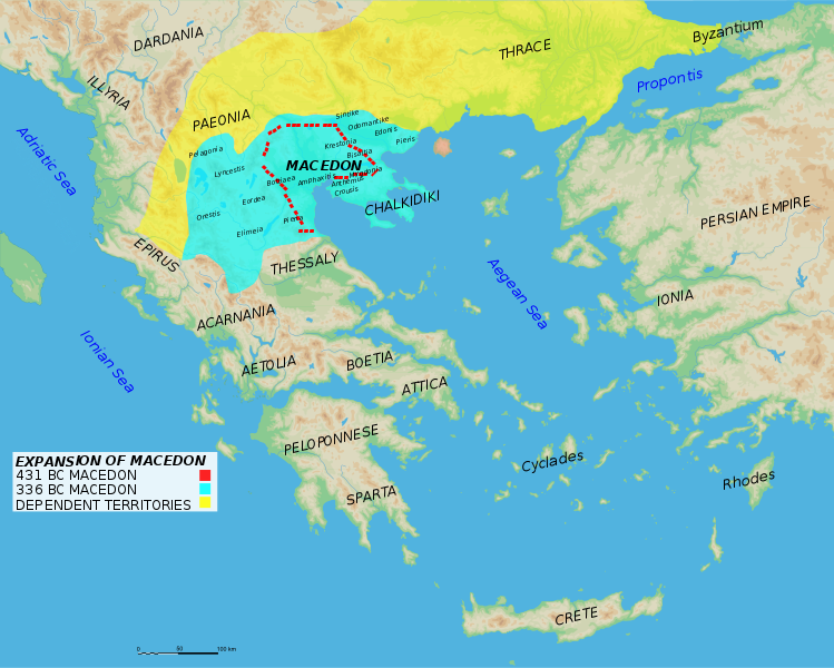 Map of Macedon's expansion across Thrace and the Balkans, before the invasion of Greece.