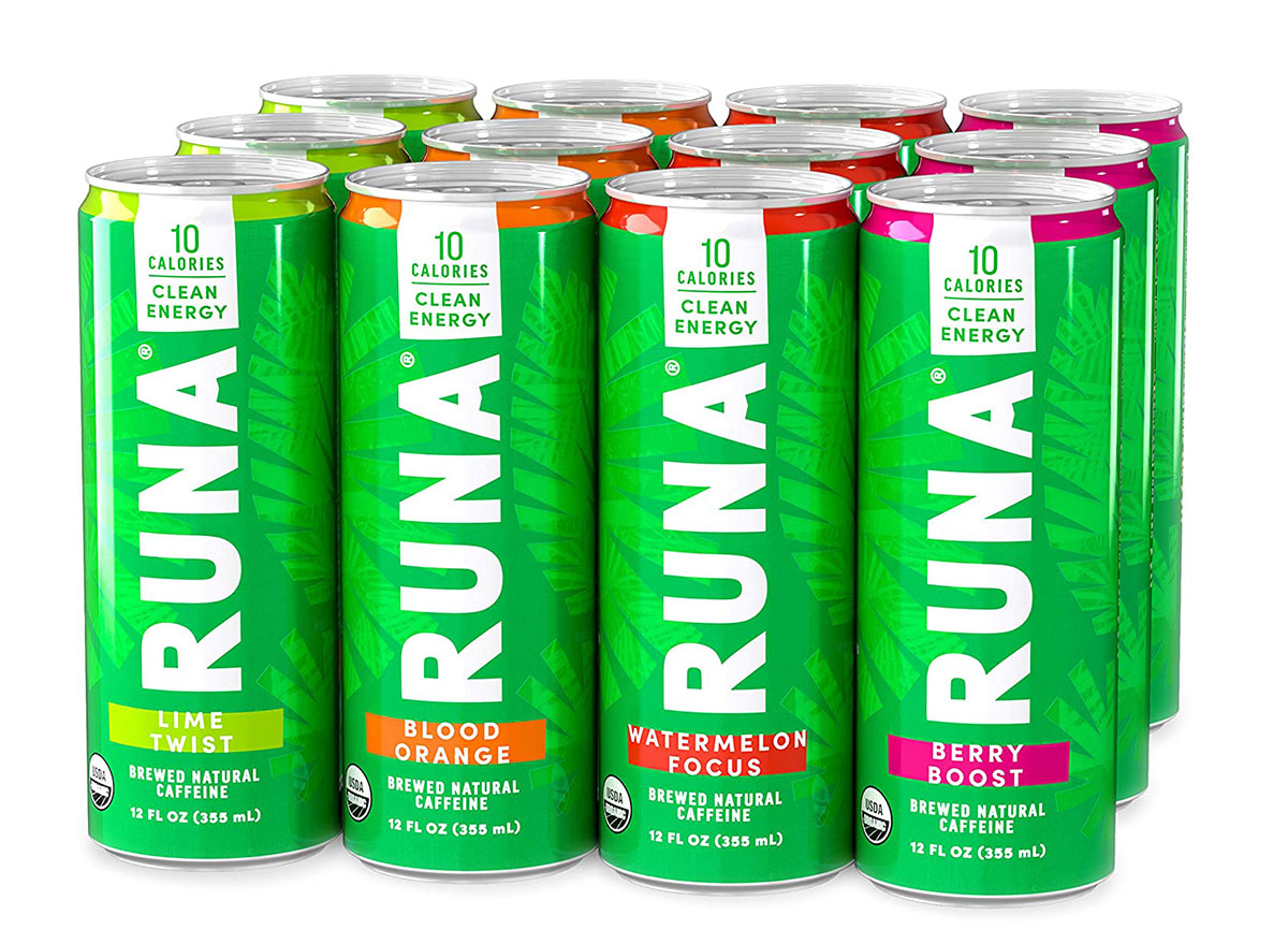 Twelve Runa energy drink cans in rows.