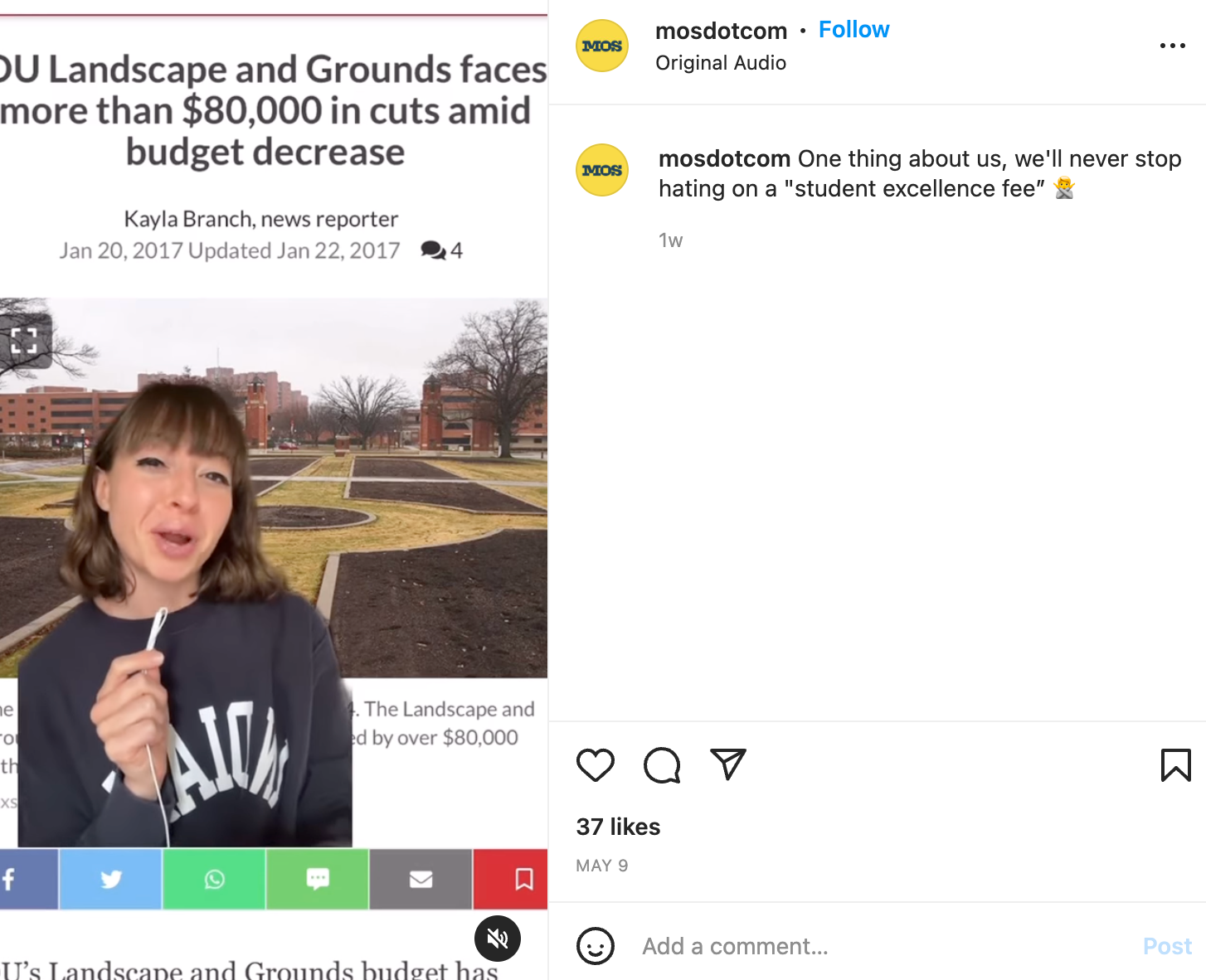 photo of news reporter talking about landscape and ground budget cuts on Instagram