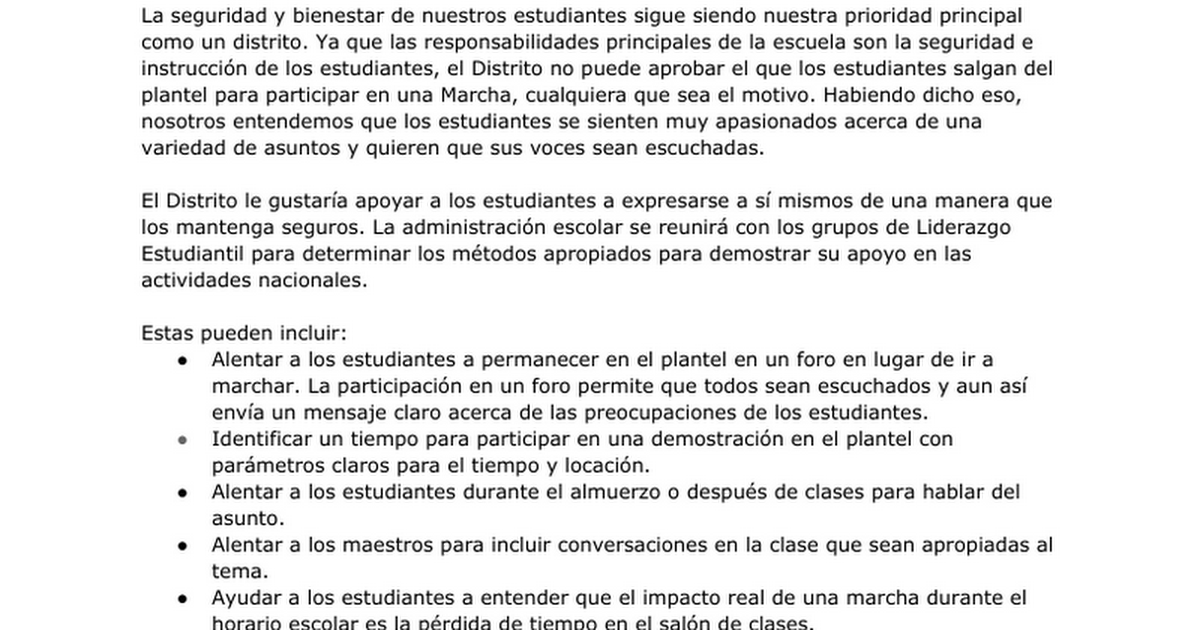 Espanol - Walk-out Letter to Parents