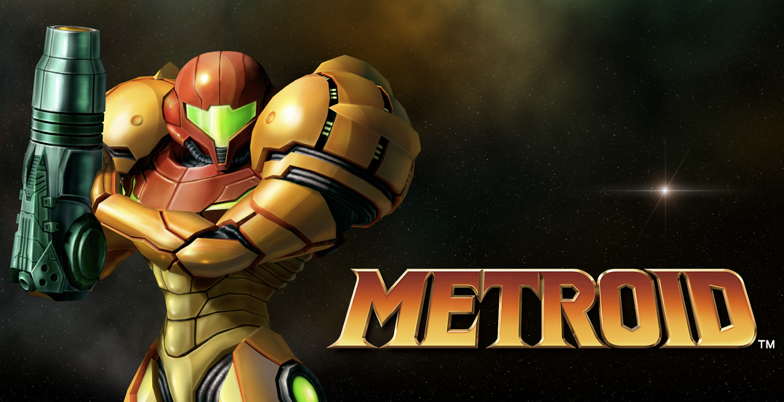 Metroid's Sam looking straight ahead with gun lifted