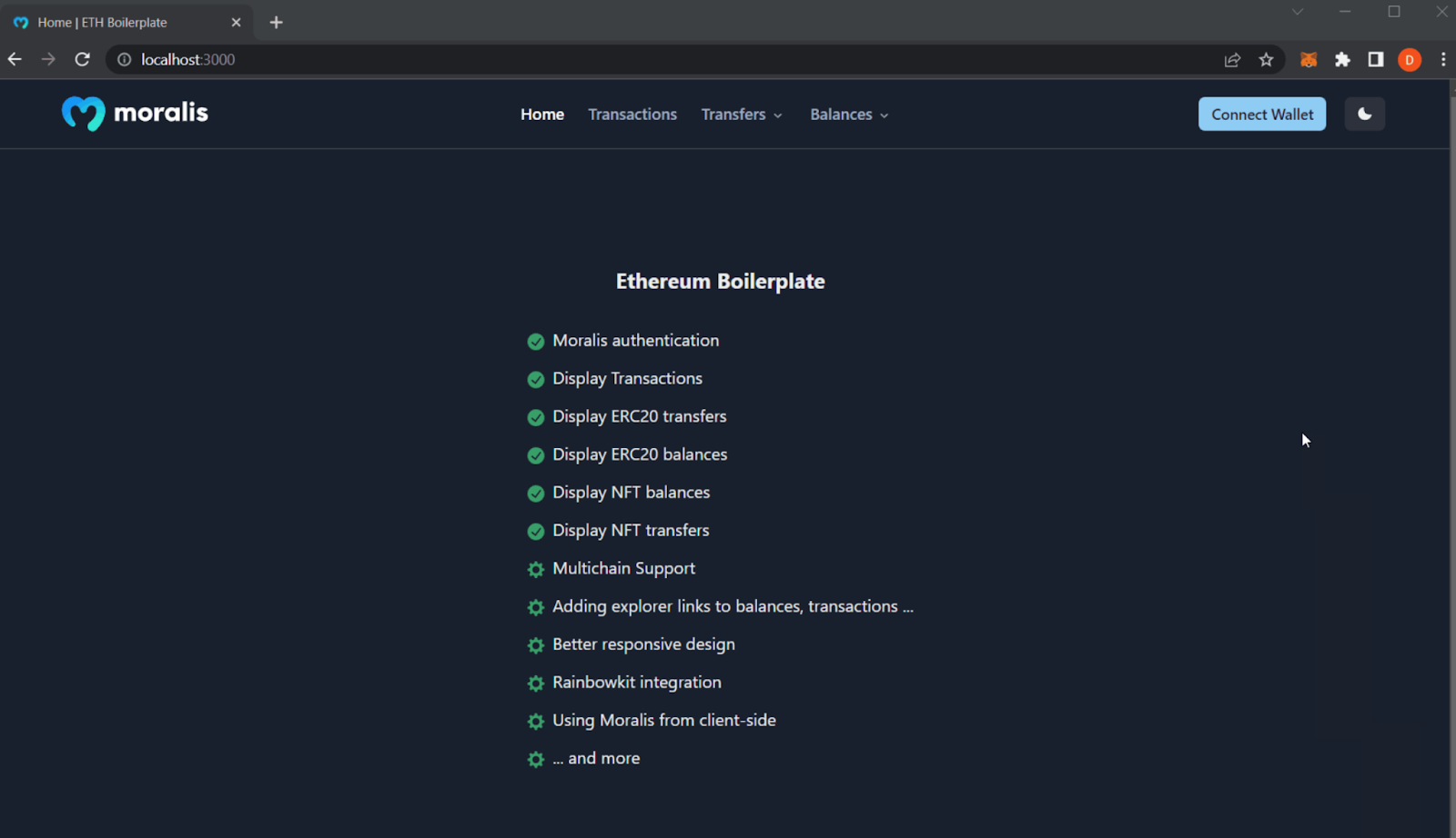 A landing page of a decentralized website showing the title, "Ethereum boilerplate".