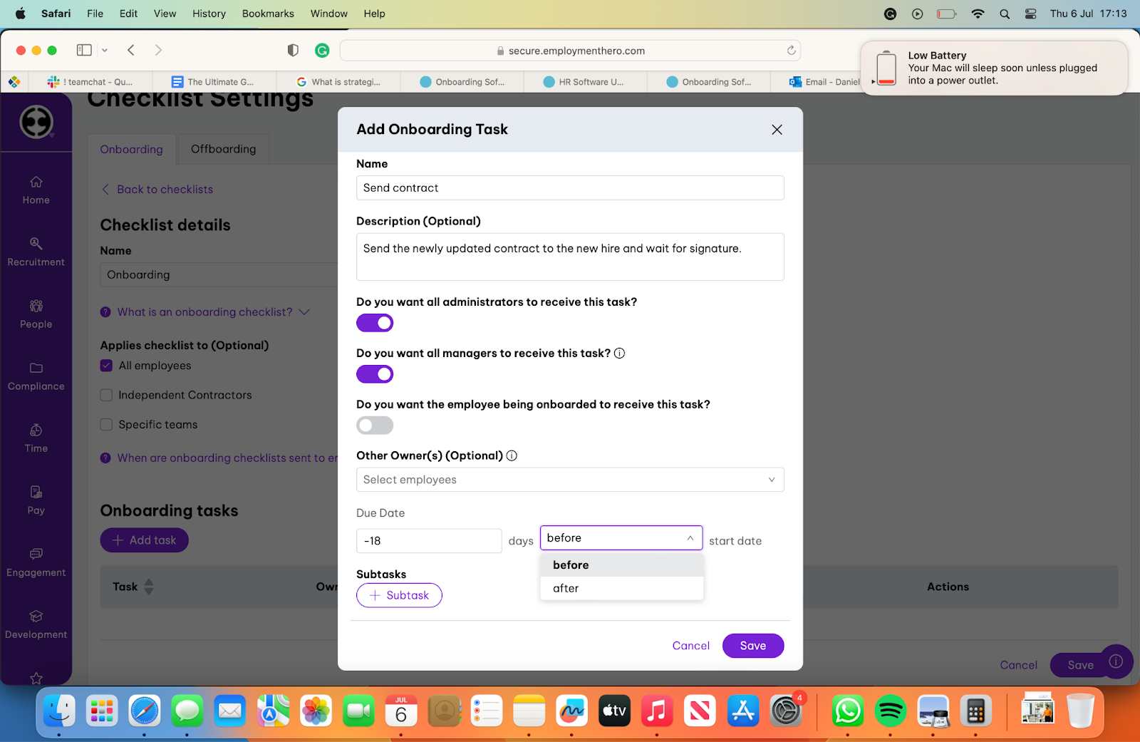 The screen that allows you to add a task to an onboarding checklist. 