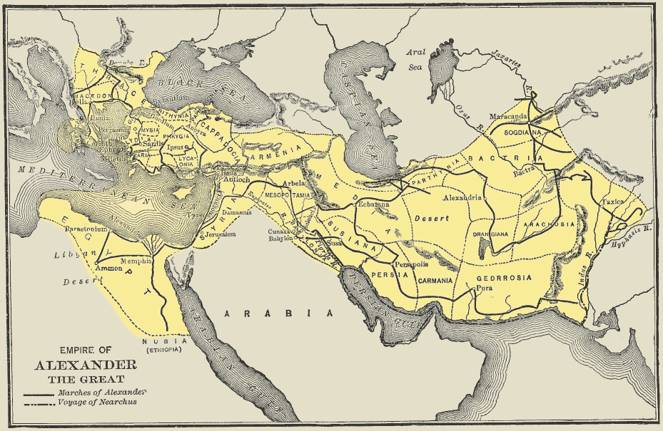 Map of Alexander's empire, stretching from Macedon as far as western India.