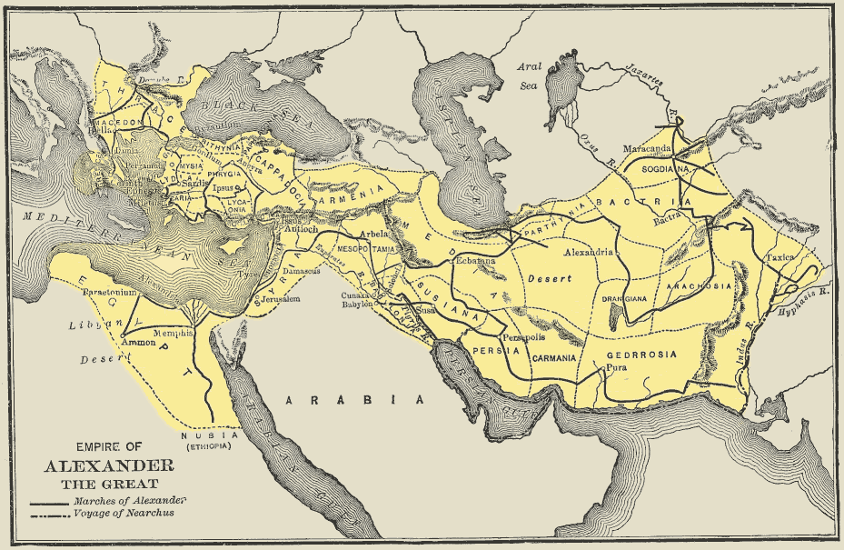 Map of Alexander's empire, stretching from Macedon in the north, to Egypt in the source and going as far west as India.