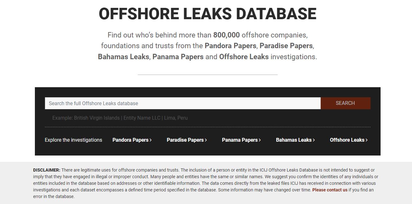 Screenshot of The Offshore Leaks Database search bar.