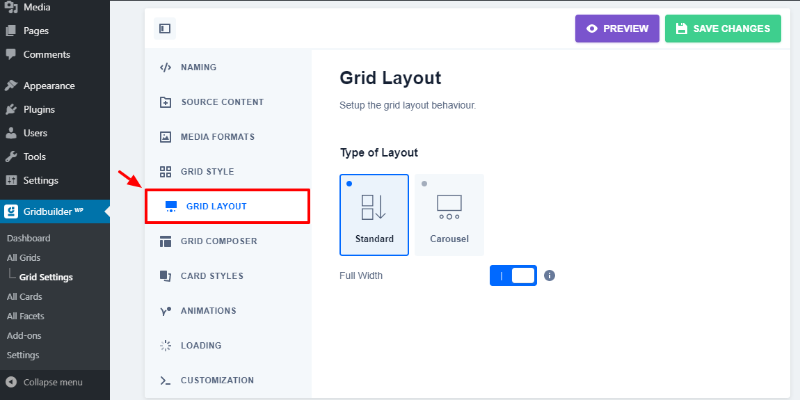 layout de grade do construtor de grade wp