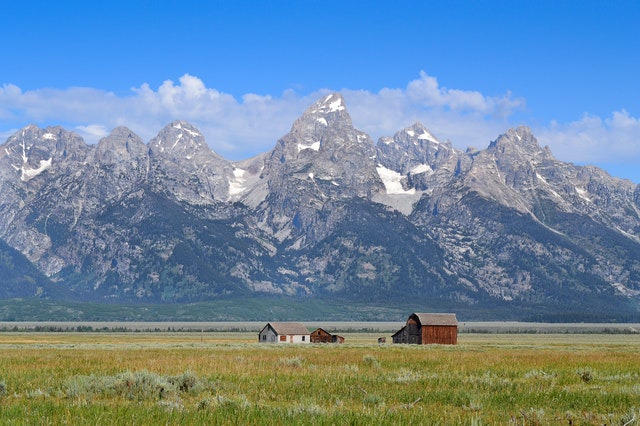 Farm at base of mountains in Jackson Hole