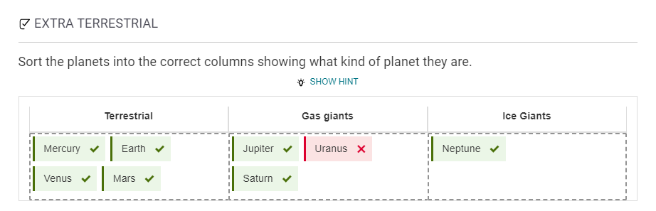 Classification task showing the planets grouped into Terrestrial, Gas giants and Ice giants