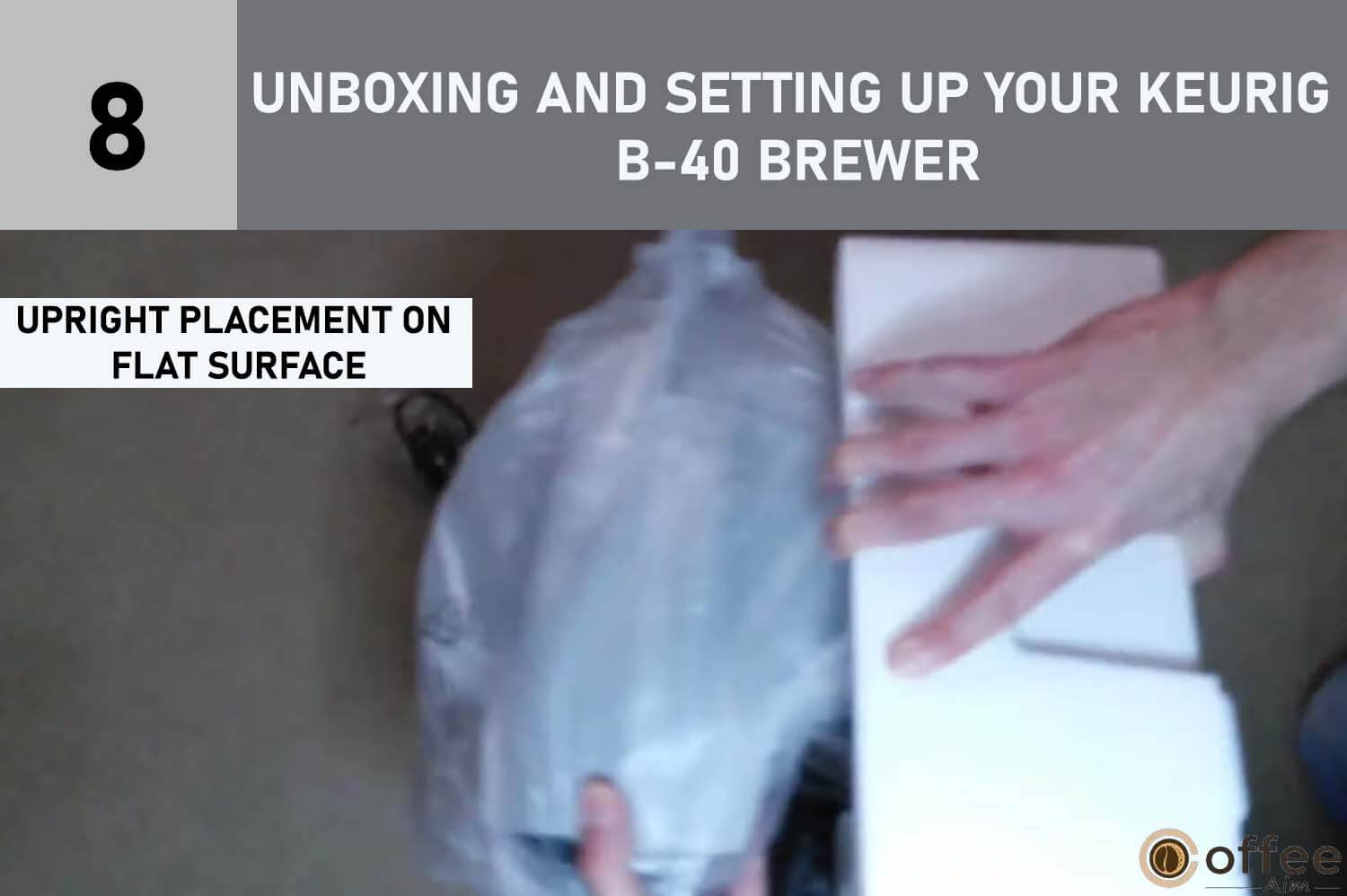 The image illustrates the concept of "upright placement on a flat surface," an essential step within the comprehensive guide titled "Unboxing and Setting Up Your Keurig B-40 Brewer." This comprehensive article forms a part of the instructional series on "How to Use Keurig B-40
