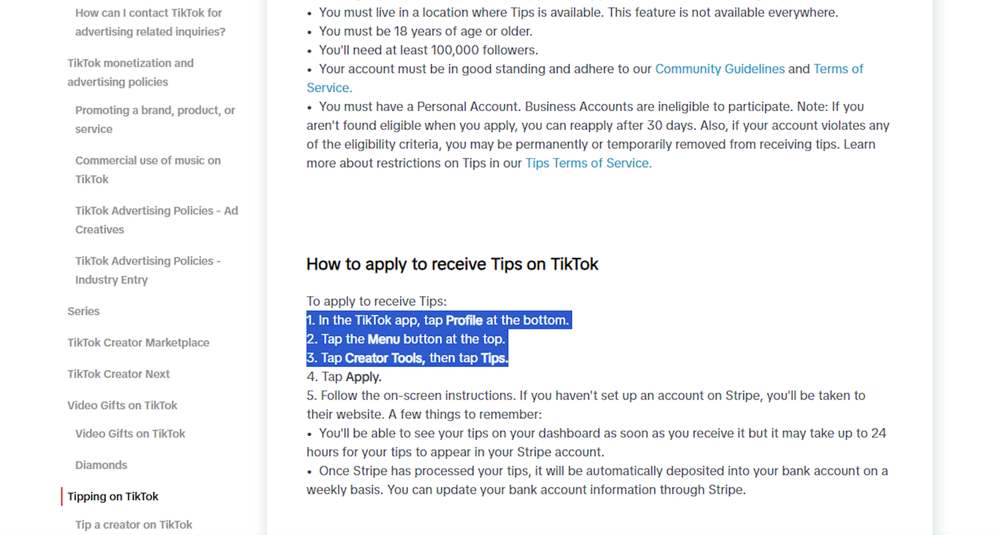 How to apply to receive Tips on TikTok info page
