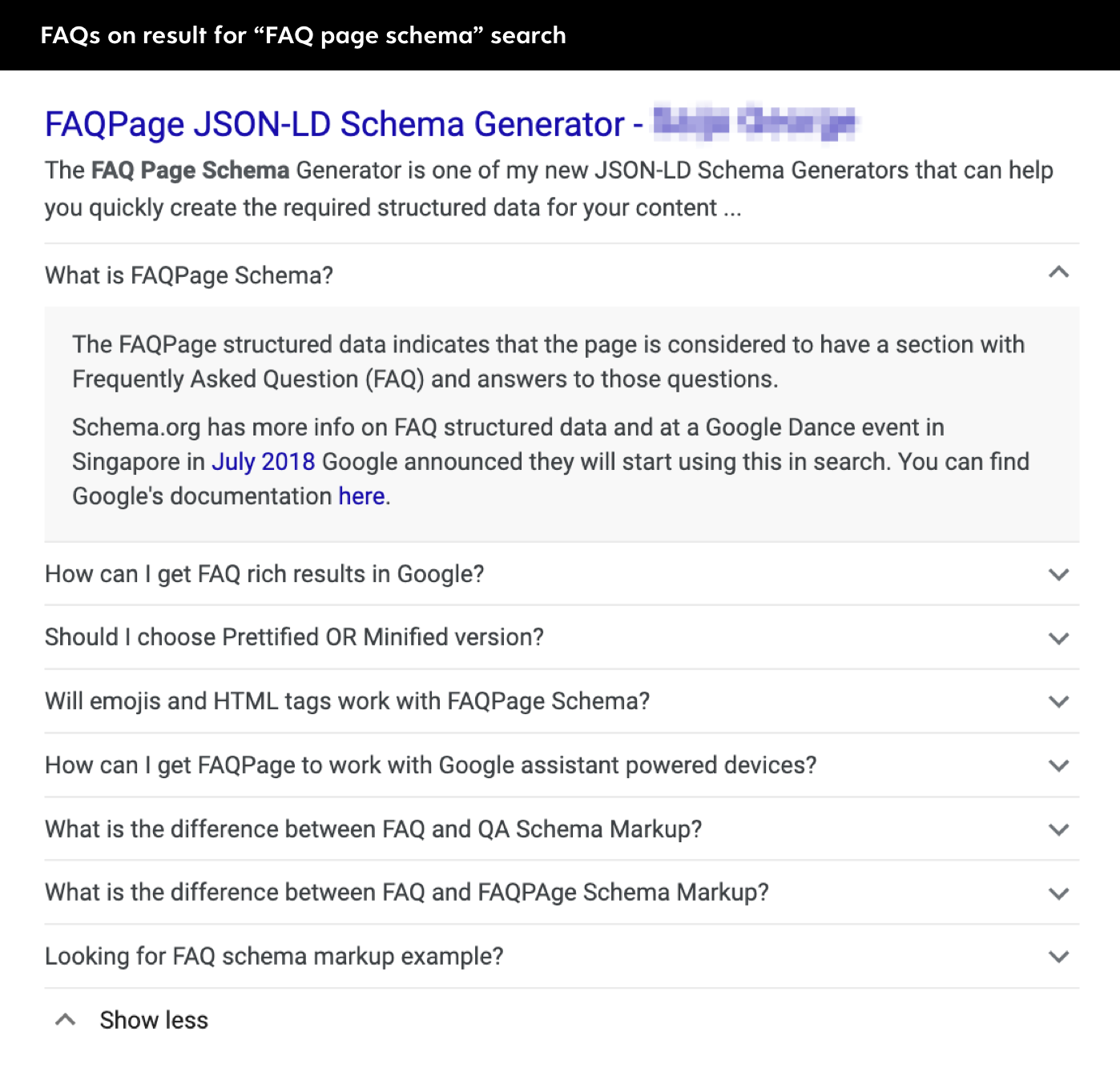 Example of FAQ page schema in search results