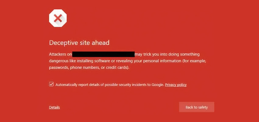 Aviso de site enganoso à frente pelo Google