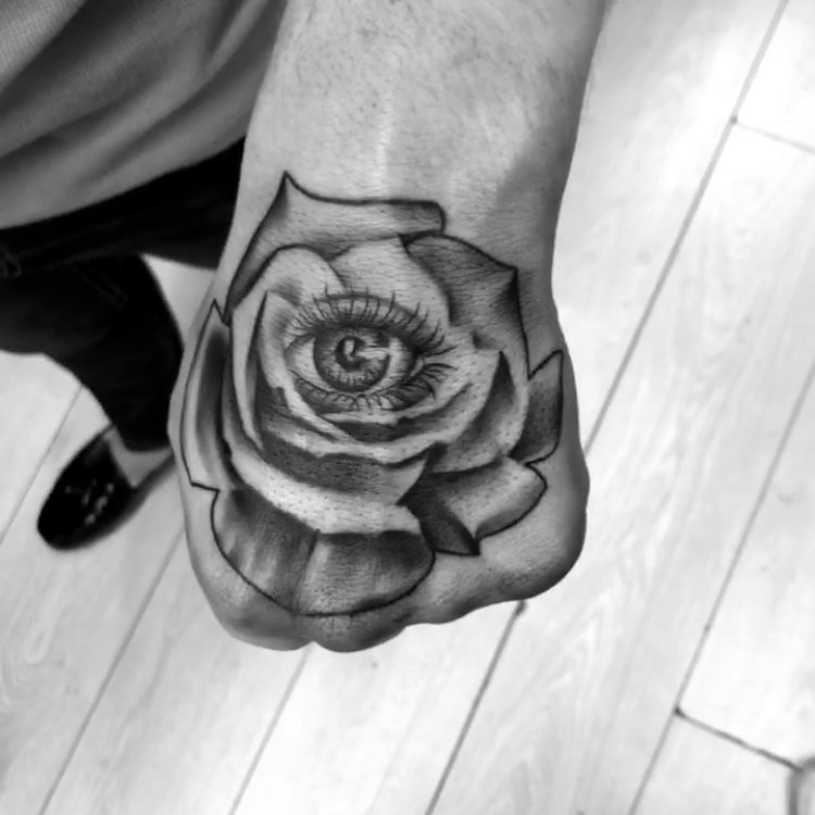 Custom Black Rose Eye Hand Tattoo
