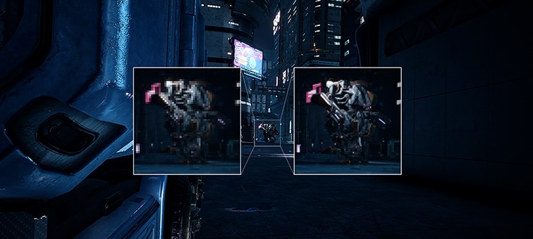 Screenshot of robots in a futuristic city with robot highlighted on left with blurred detail and robot highlighted on right with sharp 4K detail