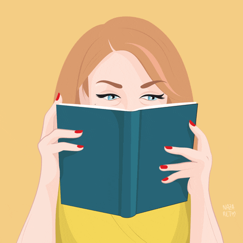 A gif with an animated woman reading a book and turning the pages on loop.
