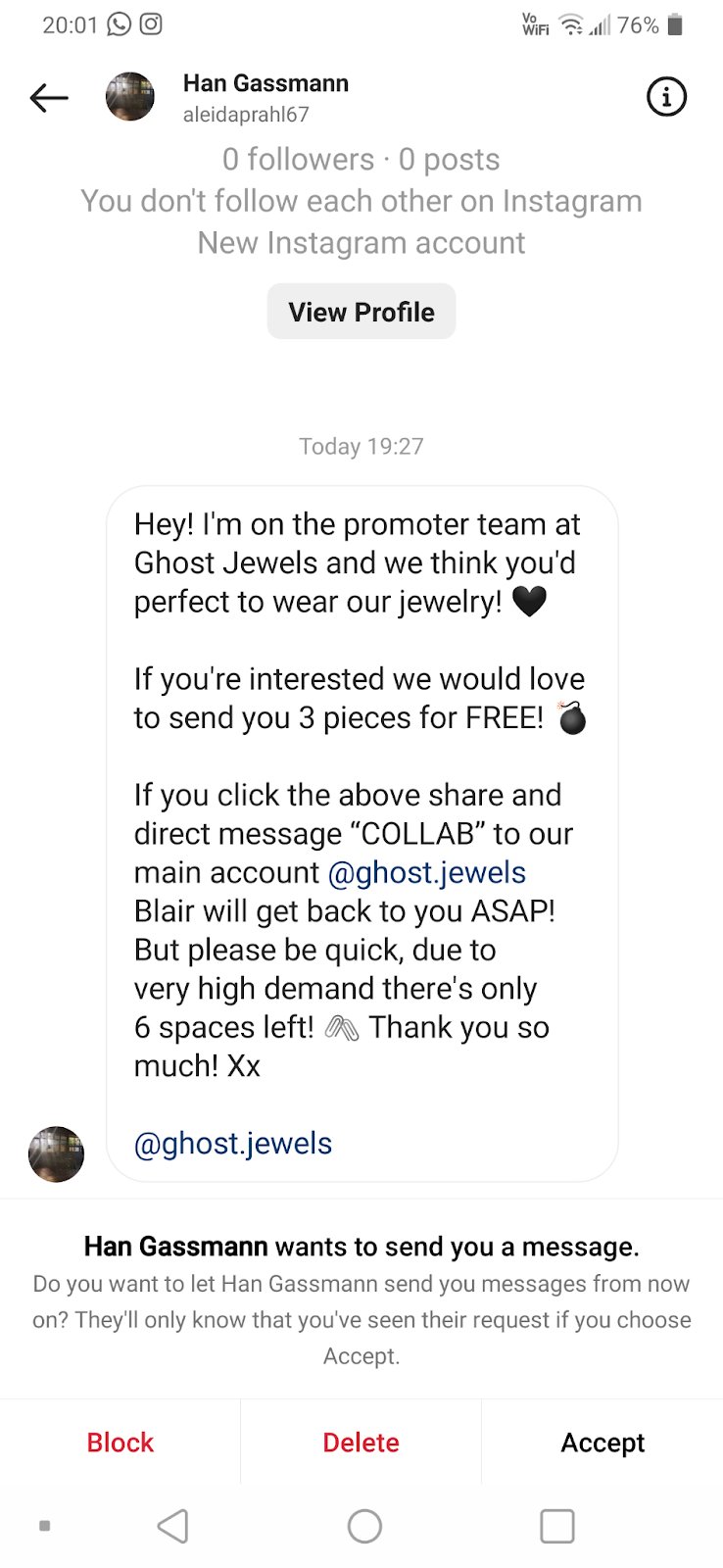 Instagram message about a promotion scam