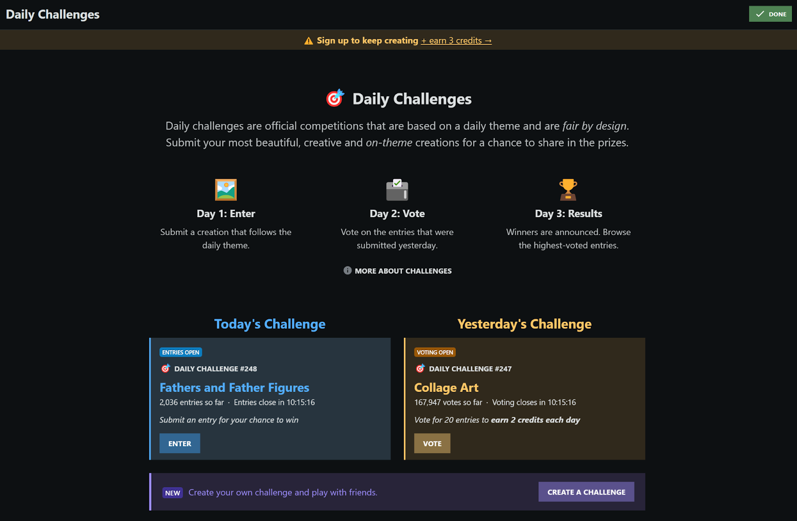 NightCafe daily challenges page.