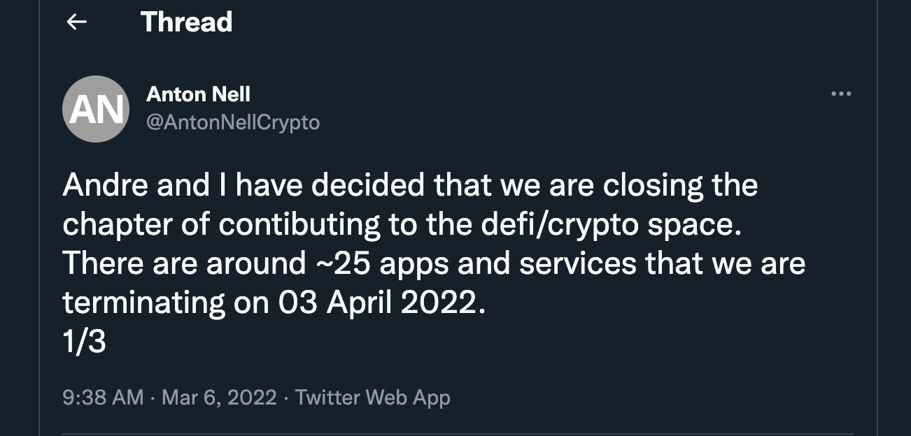 For those wondering, "Who is Andre Cronje?" - Please know that Anton Nell stated that they both closed the chapter of contributing to the DeFi space.