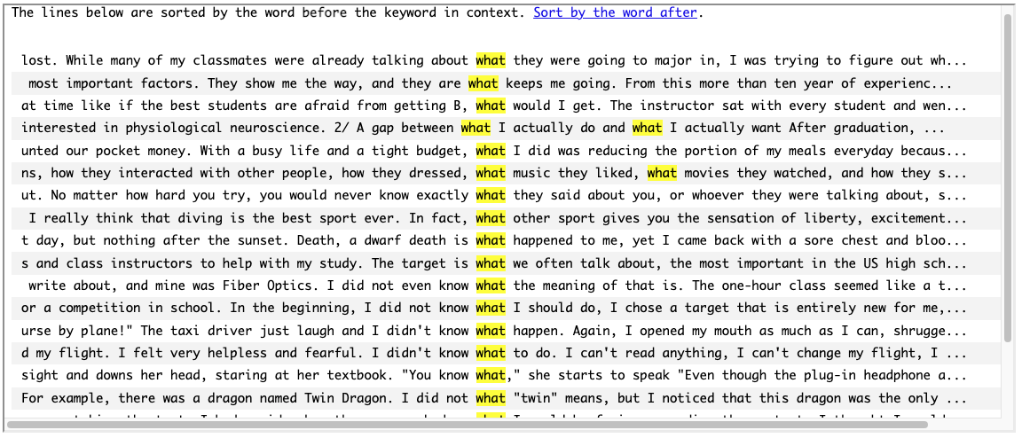 Screen shot of concordance lines showing a query for "what," with about 20 lines of text showing that key word in context. 