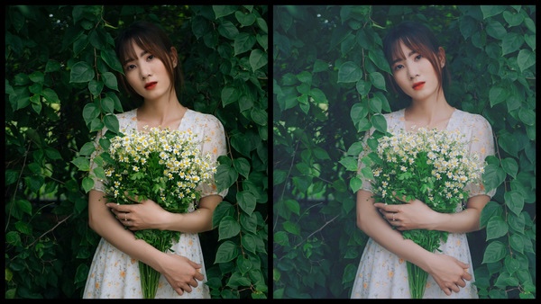 Montagem de duas fotos usando a mesma mulher segurando um buquê de flores, com um vestido florido e em um fundo com várias plantas. Foto 1 sem edições e foto 2 usando o Filtro SI-3