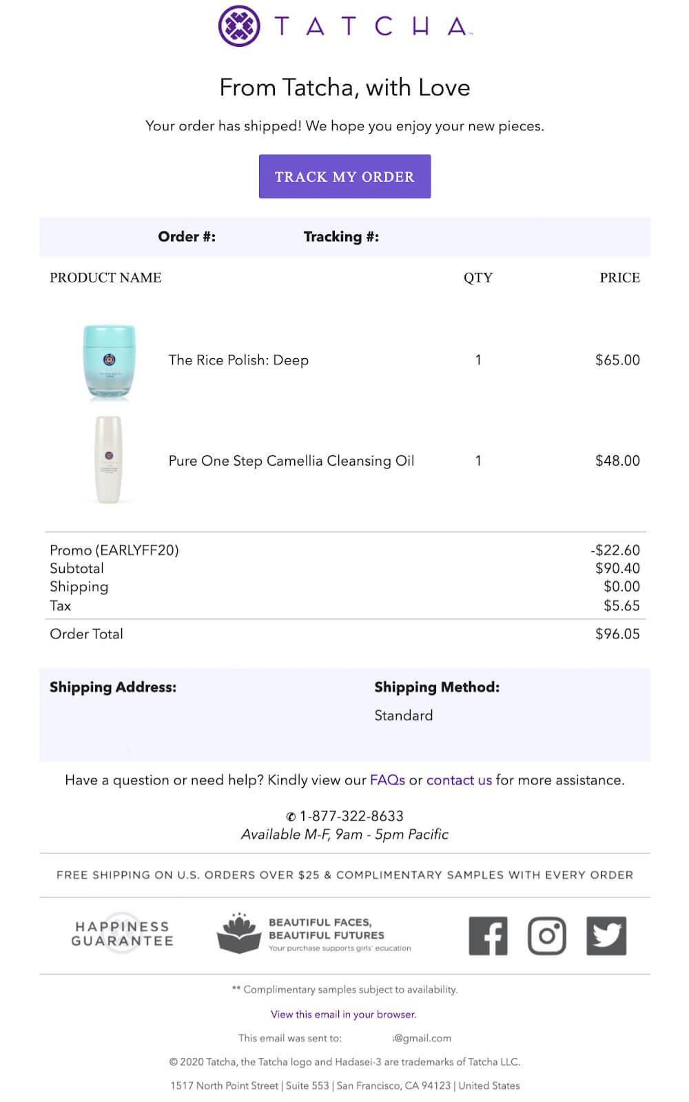 transactional email of tatcha about shipping confirmation 