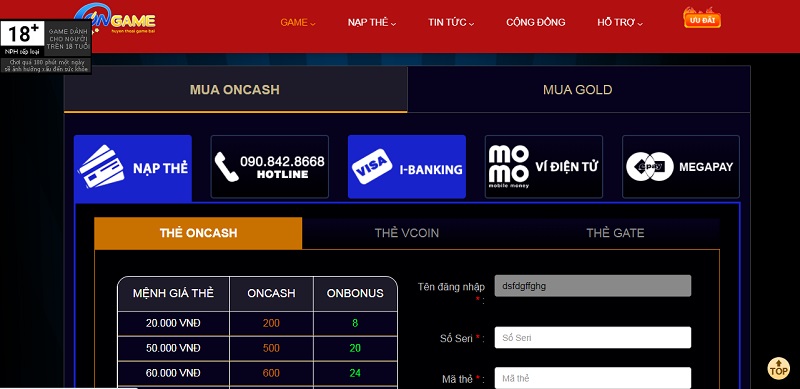 Hướng dẫn nạp tiền tại Ongame