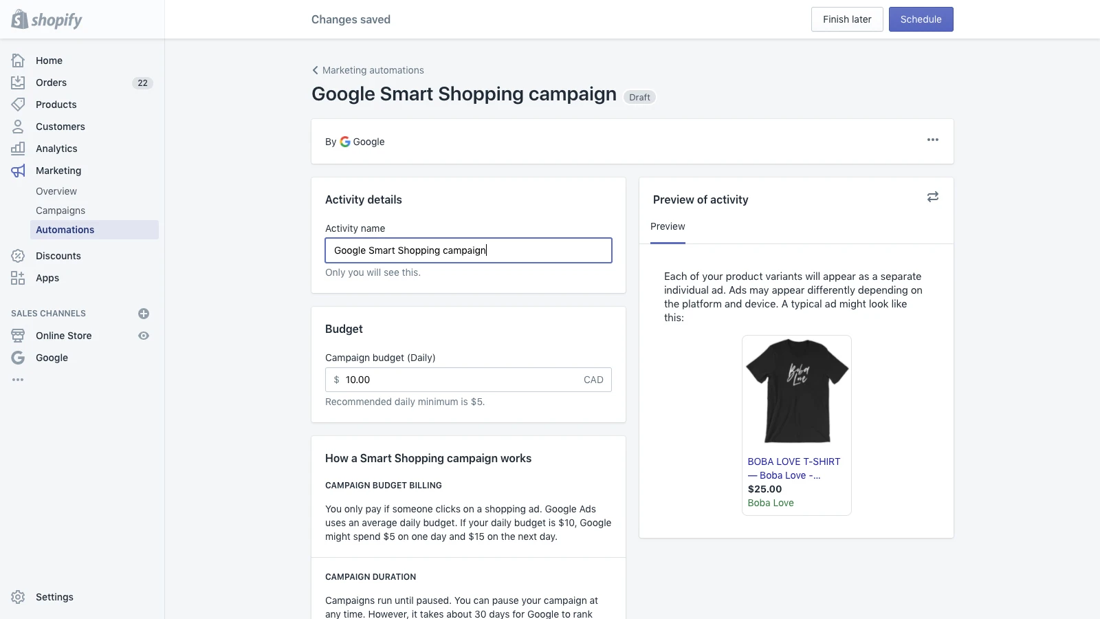 Image of a Shopify store admin dashboard on the Google Smart Shopping section