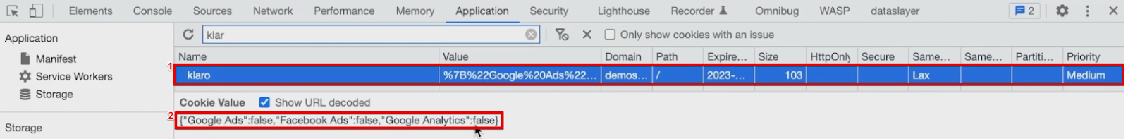 Accessing the klaro cookie from the applications window of developer tools 
