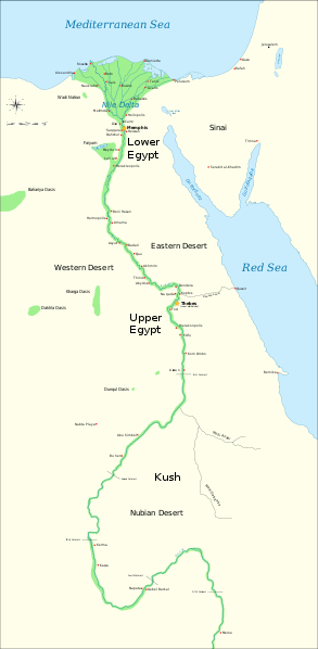 Map of Egypt depicting lower and upper Egypt along the Nile. Lower Egypt is in the north along the Mediterranean Sea, and Upper Egypt is to the south going upstream of the Nile River.