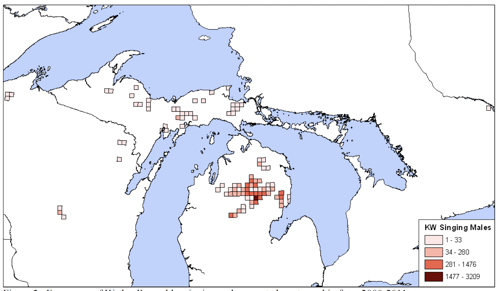 A blank map of Michigan and the surrounding lake regions shows the frequency of singing Kirtland's Warblers, in a heat map that shows 1 to 33, 34 to 280, 281 to 1476, and 1477 to 3209 birds. The highest density of bird are in the lower peninsula of Michigan, with some additional birds in the upper peninsula, Canada, and Wisconsin.