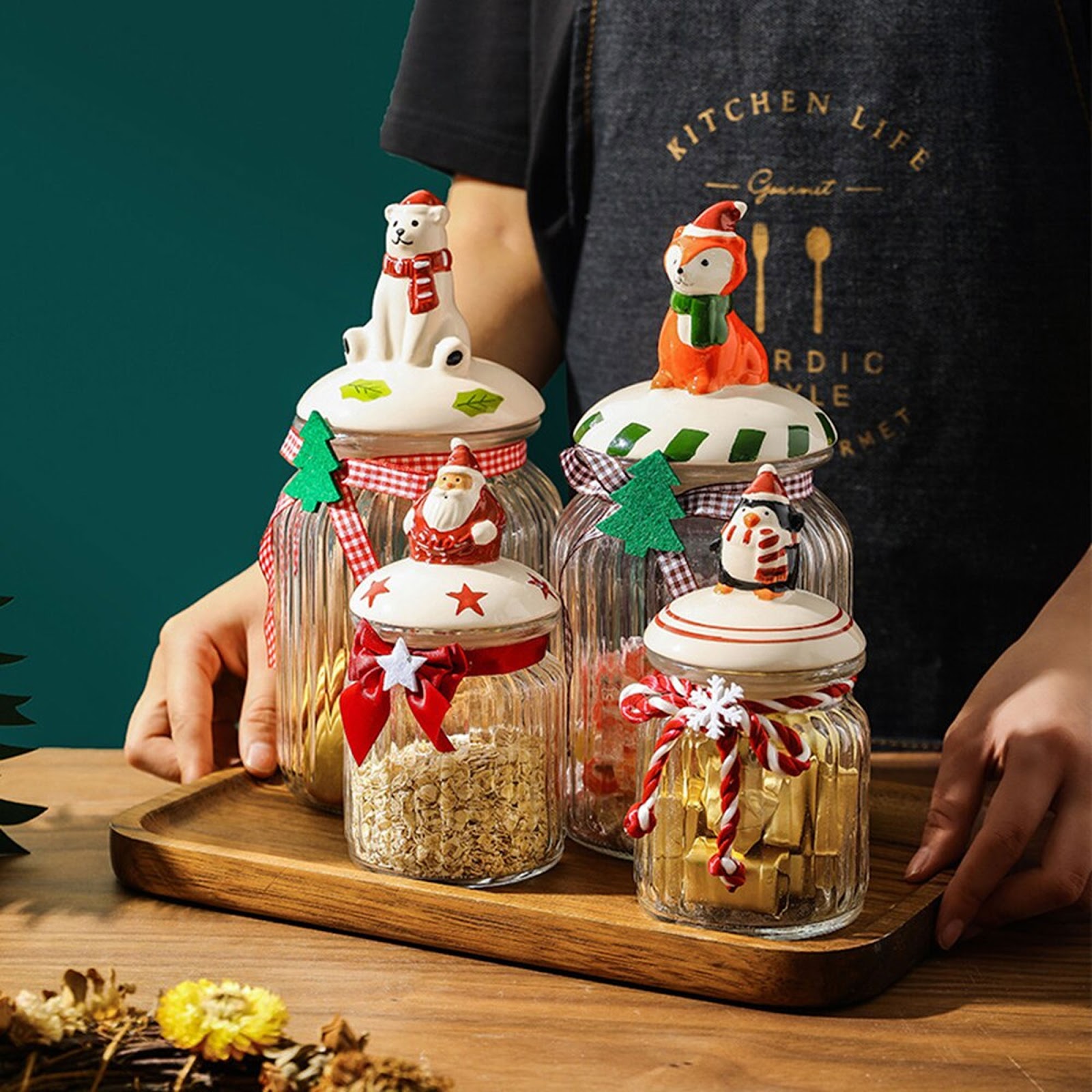 Christmas Candy Jar Glass Food Storage Bottle Tea Coffee Sugar Canister Gift