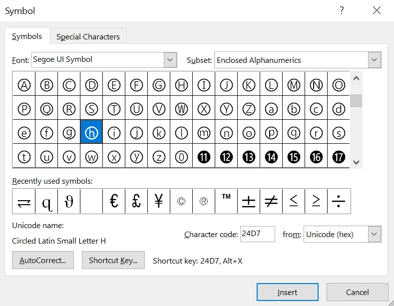 searching for Lowercase Circled H symbols using the character code