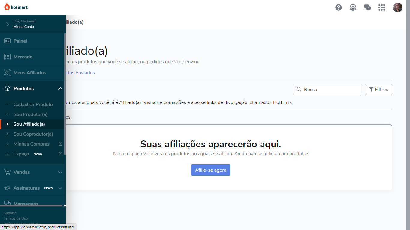 Visualizando as aficiliações como ser afiliado hotmart