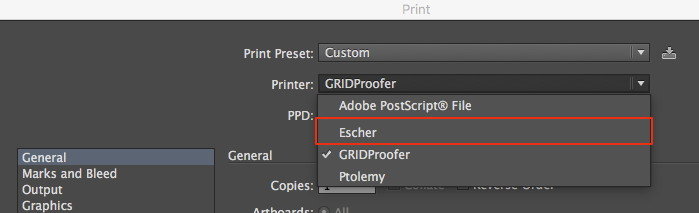 Escher printer select