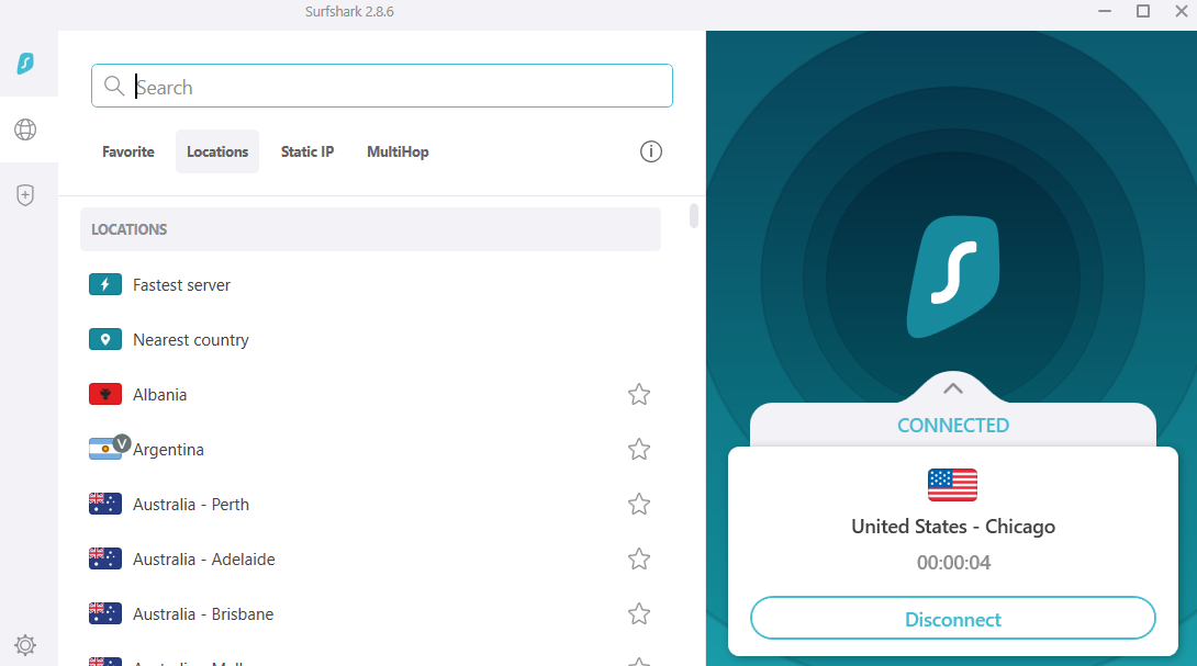 Surfshark windows app connected to the United States