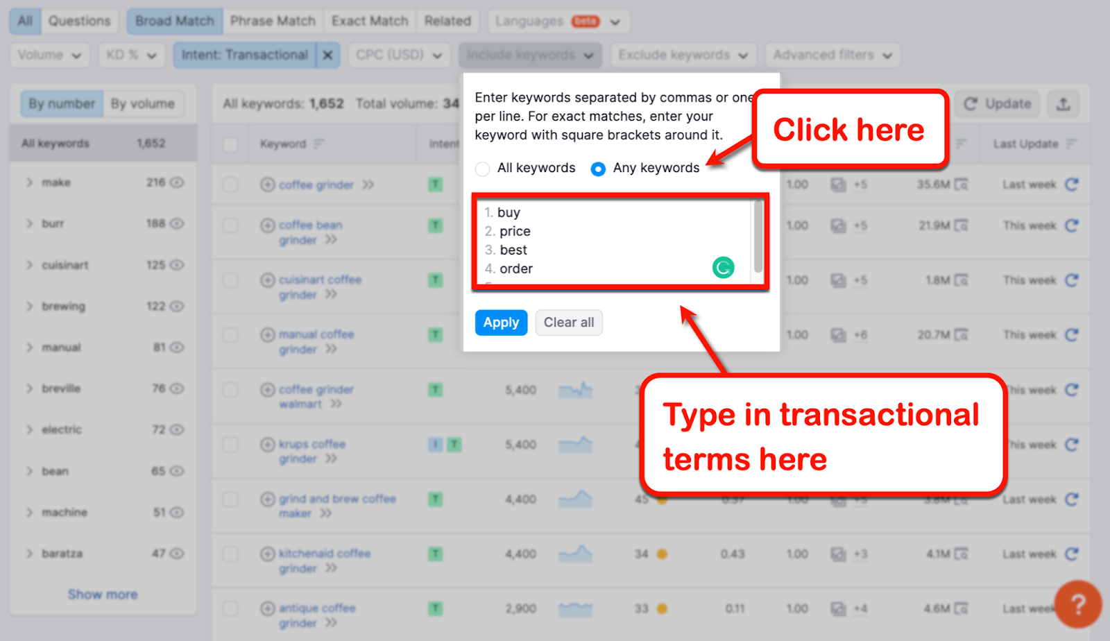 Keyword filters applied on the Keyword Magic Tool search results