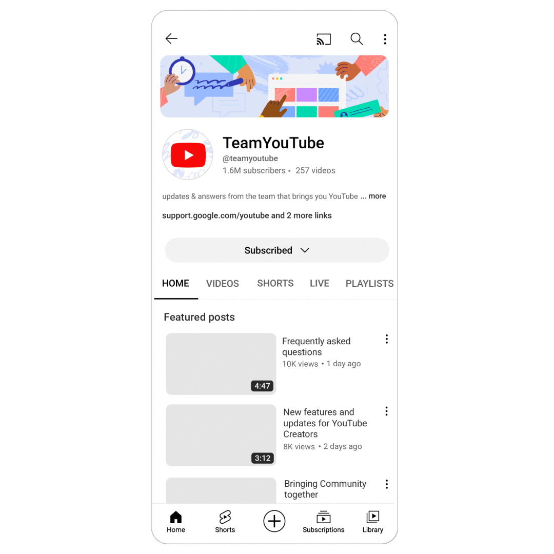 An animated GIF showing how links in YouTube Shorts will function. Shows a YouTube channel page in mobile portrait view with links appearing above the Subscribe button