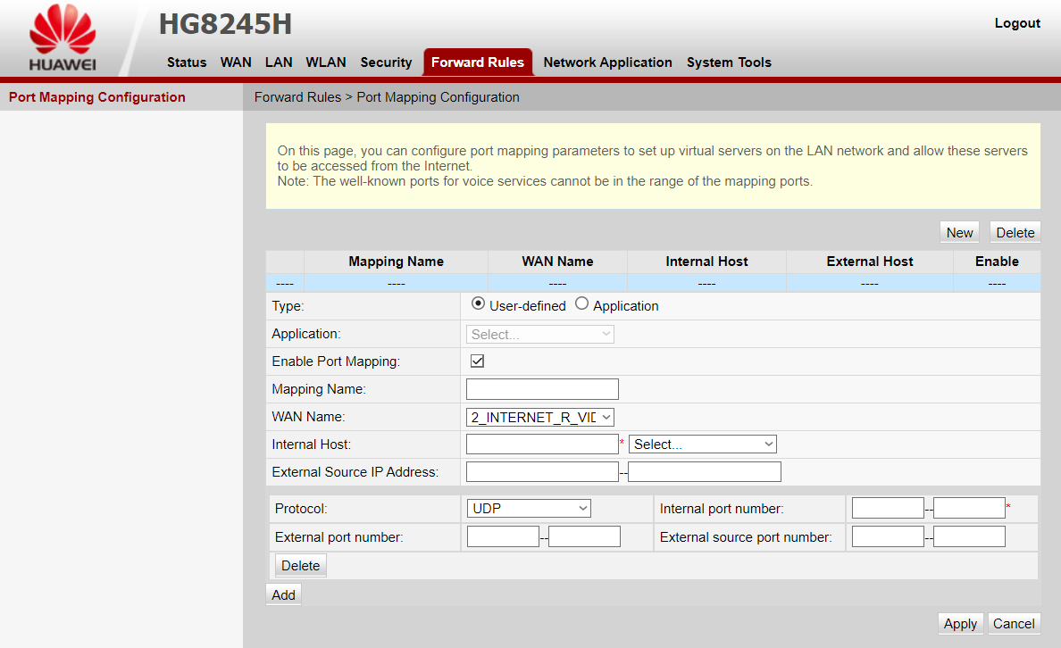 Port Forwarding Settings on a router