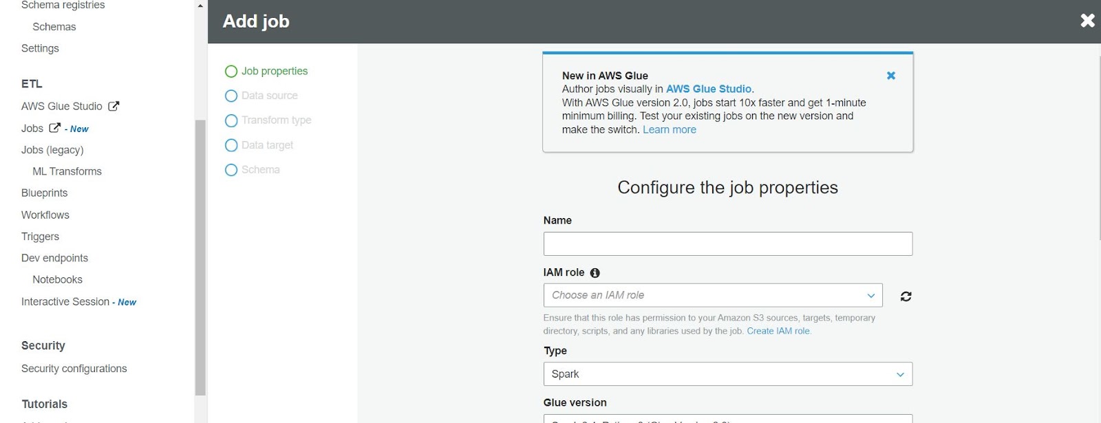 configure your job, data source, data target, and what transform with AWS Glue