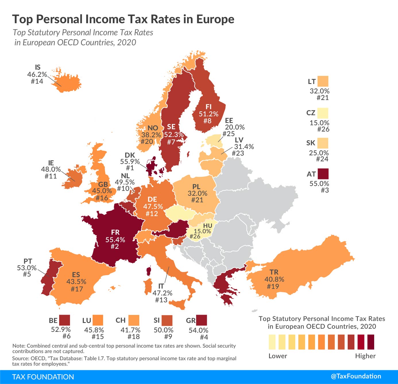 Top Personal Income Tax Rates in Europe map