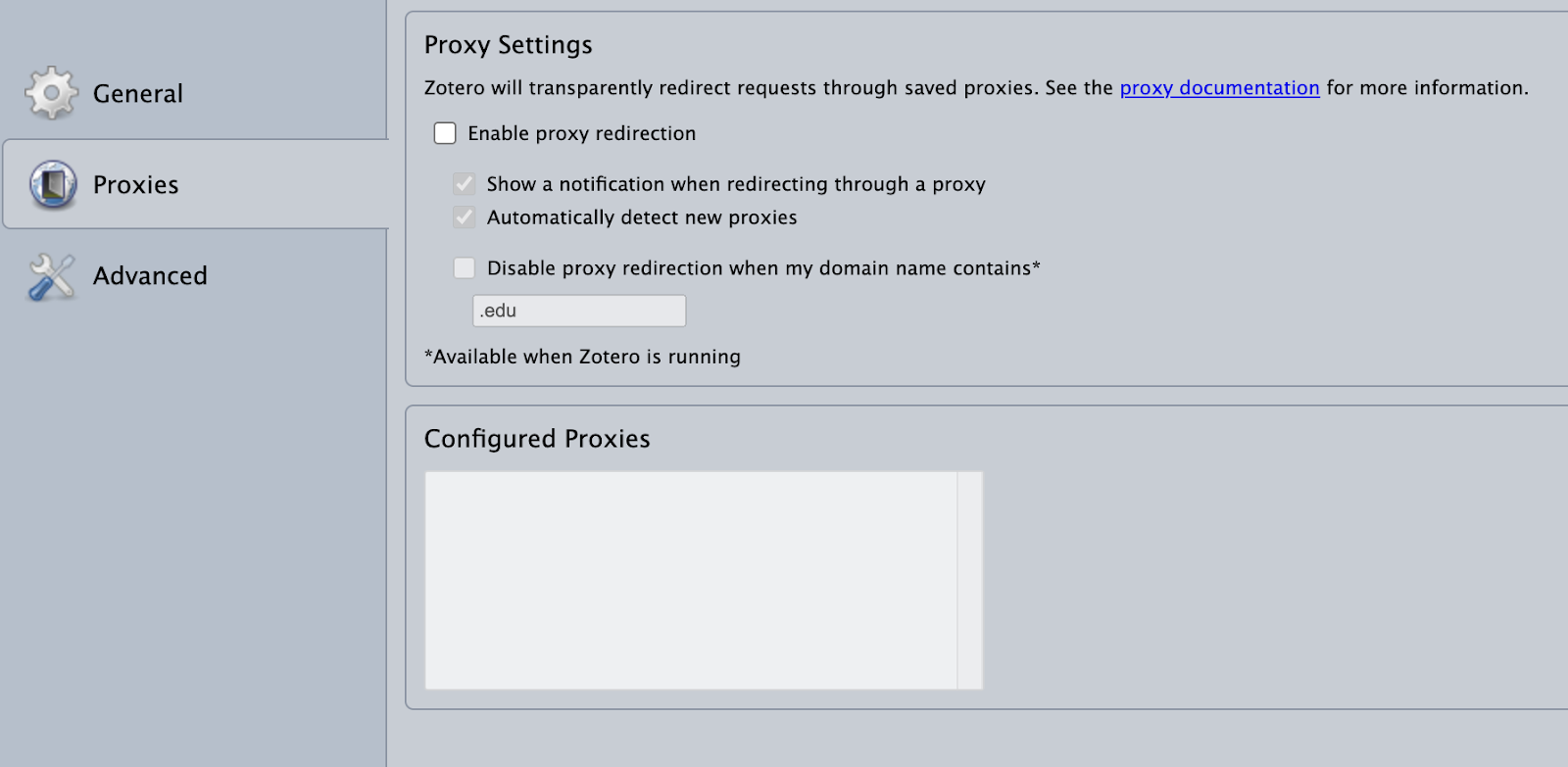 Updated Zotero Connector settings with disabled proxy redirection and deleted configured proxies