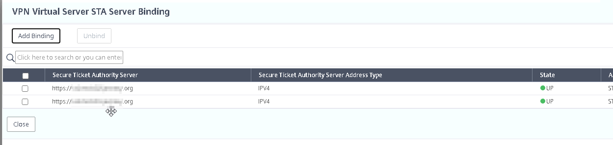 Machine generated alternative text:VPN Virtual Server STA Server Binding Add Binding Q Click here to search or you can entel Secure Ticket Authority Server Secure Ticket Authority Server Address Type State 